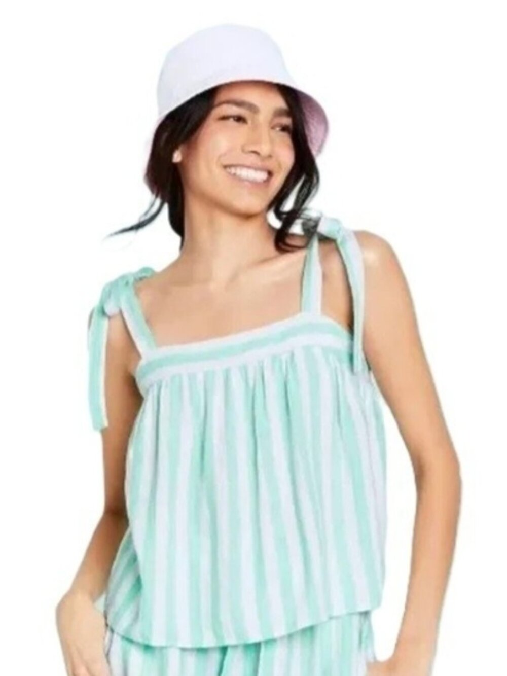 Linen Babydoll Blend Mint Green White Striped Tie Strap Tank Top XS Square Neck